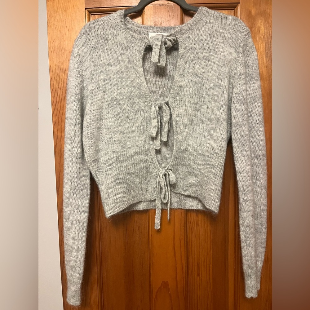 Beige Botany Light Grey Mohair Tie Front Crop Sweater size M